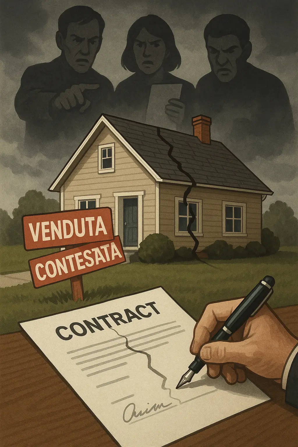 Casa con cartello "venduta contestata" che raffigura la problematica della vendita da donazione.